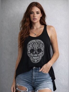 Black Skull Graphic High Low Tank Top Edgy Boho Festival Size L